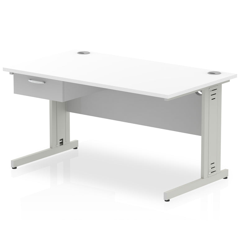 Impulse Cable Managed Straight Desk Silver Frame With Single One Drawer Fixed Pedestal