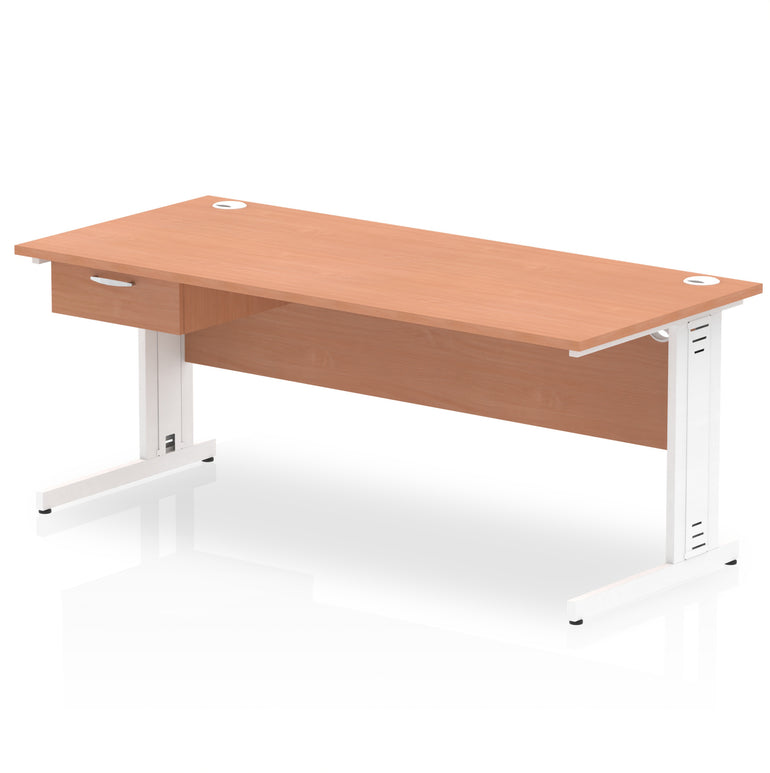 Impulse Cable Managed Straight Desk White Frame With Single One Drawer Fixed Pedestal