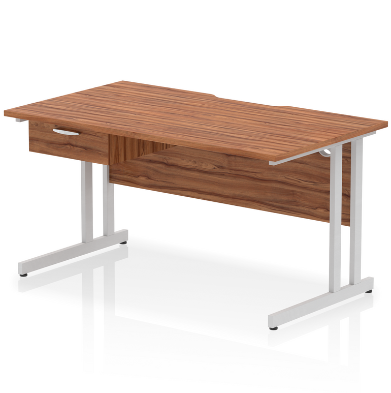 Impulse Scalloped Edge Cantilever Straight Desk With Single One Drawer Fixed Pedestal