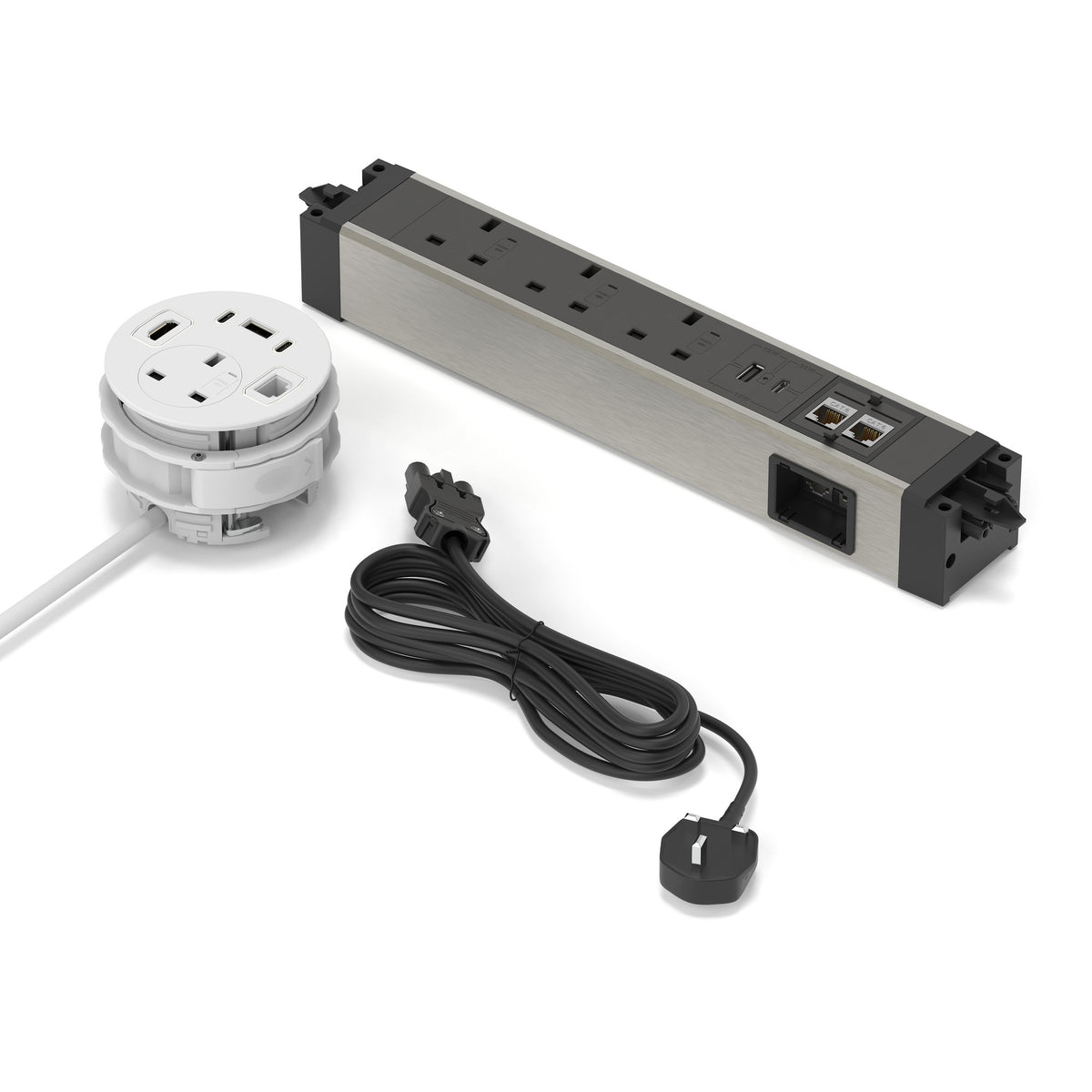 Volta Power Kit - Desktop Cable Port Module + Under Desk Module + Mains Cable UK Plug - Total 4xSocket/ 2xUSBa/ 3xUSBc/ 1xHDMI/ 3xCAT6